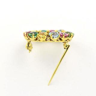 Brosche aus 585 Gelbgold mit Turmalin, Citrin und Aquamarin, nachhaltiger second hand Schmuck perfekt aufgearbeitet