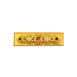 Brosche aus 585 Gelbgold mit Turmalin und Diamant, nachhaltiger second hand Schmuck perfekt aufgearbeitet