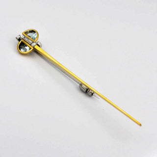 Brosche aus 750 Gelb- und Weißgold mit Aquamarin und Diamant, hochwertiger second hand Schmuck perfekt aufgearbeitet