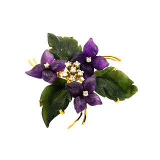 Brosche Veilchenstrauß aus 585 Gelbgold mit Jade, Amethyst und Diamant, nachhaltiger second hand Schmuck perfekt aufgearbeitet