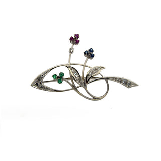 Rubinbrosche aus 750 Weißgold mit Smaragd und Saphir, nachhaltiger second hand Schmuck perfekt aufgearbeitet