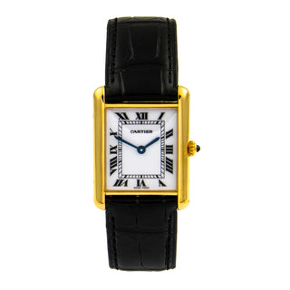 Cartier Damenarmbanduhr TANK Louis Cartier LM YG AB Quarzwerk und Edelsteinbesatz und Zeiger aus gebläutem Stahl 1990-2000er, gebrauchte Luxusuhr im Top-Zustand