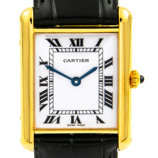 Cartier Damenarmbanduhr TANK Louis Cartier LM YG AB Quarzwerk und Edelsteinbesatz und Zeiger aus gebläutem Stahl 1990-2000er, gebrauchte Luxusuhr im Top-Zustand