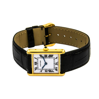 Cartier Damenarmbanduhr TANK Louis Cartier LM YG AB Quarzwerk und Edelsteinbesatz und Zeiger aus gebläutem Stahl 1990-2000er, gebrauchte Luxusuhr im Top-Zustand
