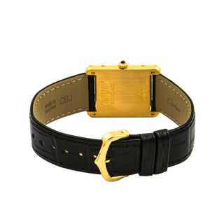 Cartier Damenarmbanduhr TANK Louis Cartier LM YG AB Quarzwerk und Edelsteinbesatz und Zeiger aus gebläutem Stahl 1990-2000er, gebrauchte Luxusuhr im Top-Zustand