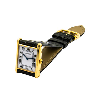 Cartier Damenarmbanduhr TANK Louis Cartier LM YG AB Quarzwerk und Edelsteinbesatz und Zeiger aus gebläutem Stahl 1990-2000er, gebrauchte Luxusuhr im Top-Zustand