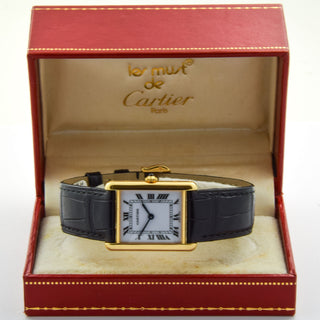 Cartier Damenarmbanduhr TANK Louis Cartier LM YG AB Quarzwerk und Edelsteinbesatz und Zeiger aus gebläutem Stahl 1990-2000er, gebrauchte Luxusuhr im Top-Zustand