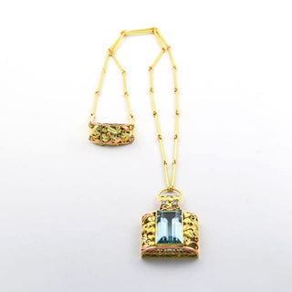 Collier aus 585 Gelb- und Rotgold mit Aquamarin und Brillant, nachhaltiger second hand Schmuck perfekt aufgearbeitet