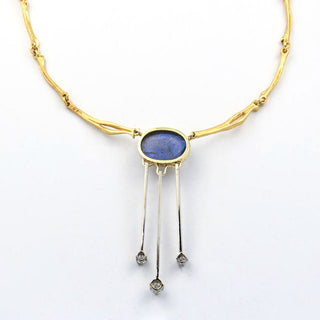 Collier aus 585 Gelb- und Weißgold mit Labradorit und Brillant, nachhaltiger second hand Schmuck perfekt aufgearbeitet