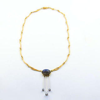 Collier aus 585 Gelb- und Weißgold mit Labradorit und Brillant, nachhaltiger second hand Schmuck perfekt aufgearbeitet