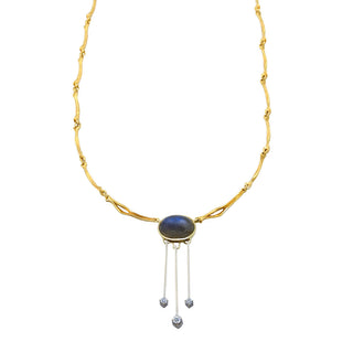 Collier aus 585 Gelb- und Weißgold mit Labradorit und Brillant, nachhaltiger second hand Schmuck perfekt aufgearbeitet
