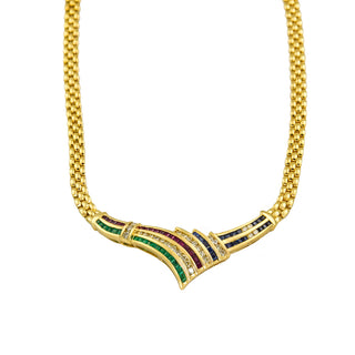 Smaragdcollier aus 585 Gelbgold mit Rubin und Saphir, nachhaltiger second hand Schmuck perfekt aufgearbeitet