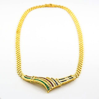 Smaragdcollier aus 585 Gelbgold mit Rubin und Saphir, nachhaltiger second hand Schmuck perfekt aufgearbeitet