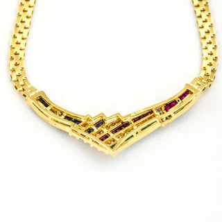 Smaragdcollier aus 585 Gelbgold mit Rubin und Saphir, nachhaltiger second hand Schmuck perfekt aufgearbeitet