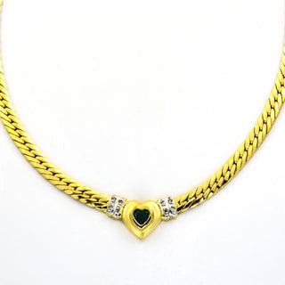 Smaragdcollier Herz aus 585 Gelbgold mit Diamant, nachhaltiger second hand Schmuck perfekt aufgearbeitet
