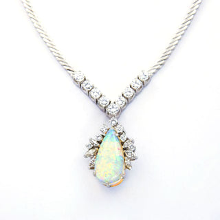 Collier aus 585 Weißgold mit Opal, Brillant und Diamant, nachhaltiger second hand Schmuck perfekt aufgearbeitet
