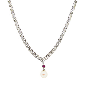 Collier aus 585 Weißgold mit Perle und Rubin, nachhaltiger second hand Schmuck perfekt aufgearbeitet