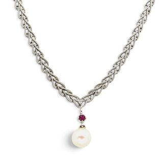 Collier aus 585 Weißgold mit Perle und Rubin, nachhaltiger second hand Schmuck perfekt aufgearbeitet
