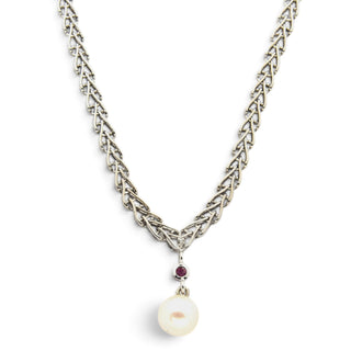 Collier aus 585 Weißgold mit Perle und Rubin, nachhaltiger second hand Schmuck perfekt aufgearbeitet