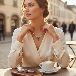 Smaragdcollier aus 585 Weißgold mit Brillant, nachhaltiger second hand Schmuck perfekt aufgearbeitet