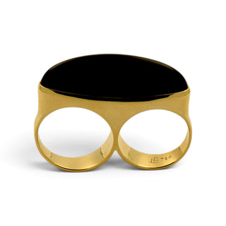 Doppelring aus 750 Gelbgold mit Onyx, nachhaltiger second-hand Schmuck perfekt aufgearbeitet
