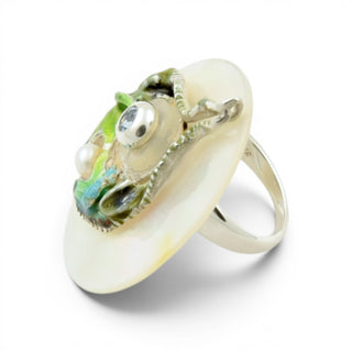 Ehinger-Schwarz Ring Charlotte aus 925 Silber mit Topas, Perlmutt und Perle, nachhaltiger second-hand Schmuck perfekt aufgearbeitet