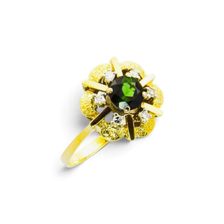 Entourage-Ring aus 585 Gelb- und Weißgold mit Turmalin und Diamant, nachhaltiger second hand Schmuck perfekt aufgearbeitet