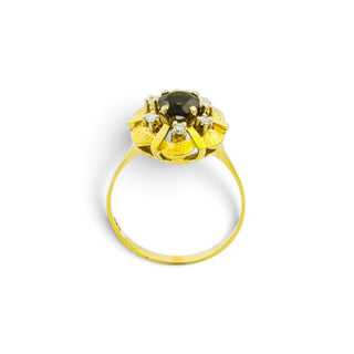 Entourage-Ring aus 585 Gelb- und Weißgold mit Turmalin und Diamant, nachhaltiger second hand Schmuck perfekt aufgearbeitet