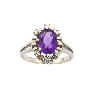 Entourage-Ring aus 585 Weißgold mit Amethyst und Diamant, nachhaltiger second hand Schmuck perfekt aufgearbeitet