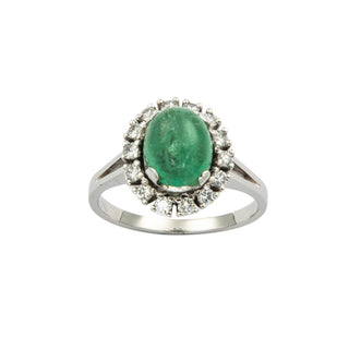 Entourage-Ring aus 750 Weißgold mit Smaragd und Brillant, nachhaltiger second hand Schmuck perfekt aufgearbeitet