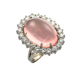 Entourage-Ring aus 750 Weißgold mit Rosenquarz und Brillant, nachhaltiger second hand Schmuck perfekt aufgearbeitet