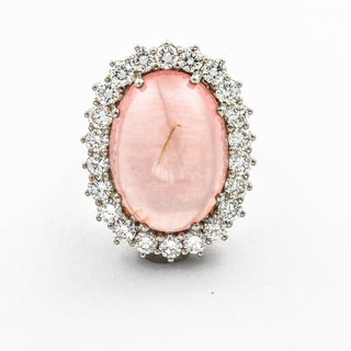 Entourage-Ring aus 750 Weißgold mit Rosenquarz und Brillant, nachhaltiger second hand Schmuck perfekt aufgearbeitet