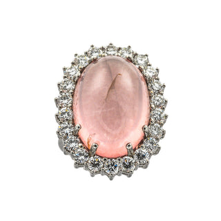 Entourage-Ring aus 750 Weißgold mit Rosenquarz und Brillant, nachhaltiger second hand Schmuck perfekt aufgearbeitet
