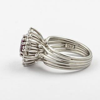 Entourage-Ring aus 750 Weißgold mit Rubin, Diamant und Brillant, nachhaltiger second hand Schmuck perfekt aufgearbeitet