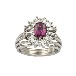 Entourage-Ring aus 750 Weißgold mit Rubin, Diamant und Brillant, nachhaltiger second hand Schmuck perfekt aufgearbeitet
