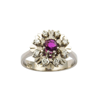 Entourage-Ring aus 585 Weißgold mit Rubin und Brillant, nachhaltiger second hand Schmuck perfekt aufgearbeitet
