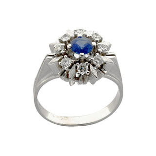 Entourage-Ring aus 585 Weißgold mit Saphir und Brillant, nachhaltiger second hand Schmuck perfekt aufgearbeitet