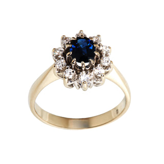 Entourage-Ring aus 585 Weißgold mit Saphir und Brillant, nachhaltiger second hand Schmuck perfekt aufgearbeitet