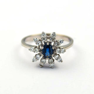 Saphirring aus 585 Weißgold mit Diamant, nachhaltiger second hand Schmuck perfekt aufgearbeitet