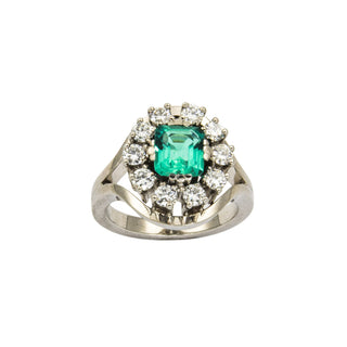 Entourage-Ring aus 750 Weißgold mit Smaragd und Brillant, nachhaltiger second hand Schmuck perfekt aufgearbeitet