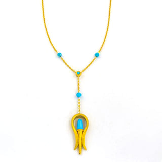Fibula Y-Kette aus 750 Gelbgold mit Türkis, nachhaltiger second hand Schmuck perfekt aufgearbeitet