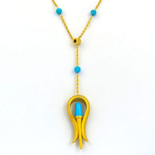 Fibula Y-Kette aus 750 Gelbgold mit Türkis, nachhaltiger second hand Schmuck perfekt aufgearbeitet