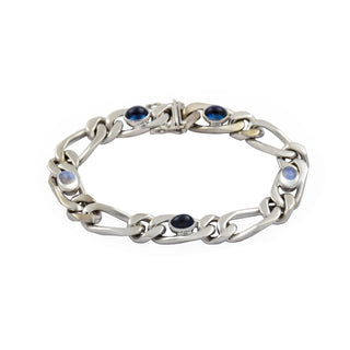 Figaroarmband aus 750 Weißgold mit Saphir und Mondstein, nachhaltiger second hand Schmuck perfekt aufgearbeitet