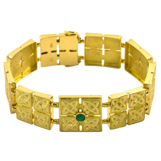 Gliederarmband aus 750 Gelbgold mit Smaragd, hochwertiger second hand Schmuck perfekt aufgearbeitet