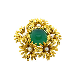 Grosse Anhänger aus 750 Gelbgold mit Chrysopras und Perle, nachhaltiger second hand Schmuck perfekt aufgearbeitet