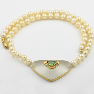 Perlenkette mit Schließe aus 585 Gelbgold, Bergkristall, Turmalin und Brillant, 44 cm, hochwertiger second hand Schmuck perfekt aufgearbeitet