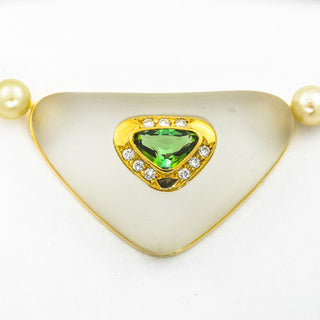 Perlenkette mit Schließe aus 585 Gelbgold, Bergkristall, Turmalin und Brillant, 44 cm, hochwertiger second hand Schmuck perfekt aufgearbeitet