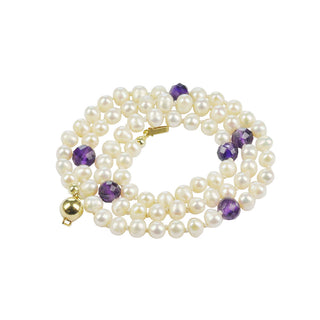 Perlenkette mit Amethyst und Schließe aus 585 Gelbgold, 47 cm, hochwertiger second hand Schmuck perfekt aufgearbeitet