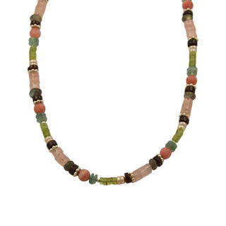 Halskette aus Rosenquarz, Labradorit und Granat mit Zwischenteilen und Schließe aus Silber, nachhaltiger second hand Schmuck perfekt aufgearbeitet