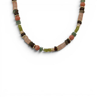 Halskette aus Rosenquarz, Labradorit und Granat mit Zwischenteilen und Schließe aus Silber, nachhaltiger second hand Schmuck perfekt aufgearbeitet